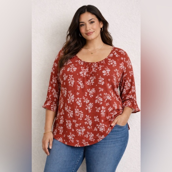 Tua Tops - Tua Plus 3XL Rust Floral Blouse Scoop Neck Flowy Boho Plus Size Top